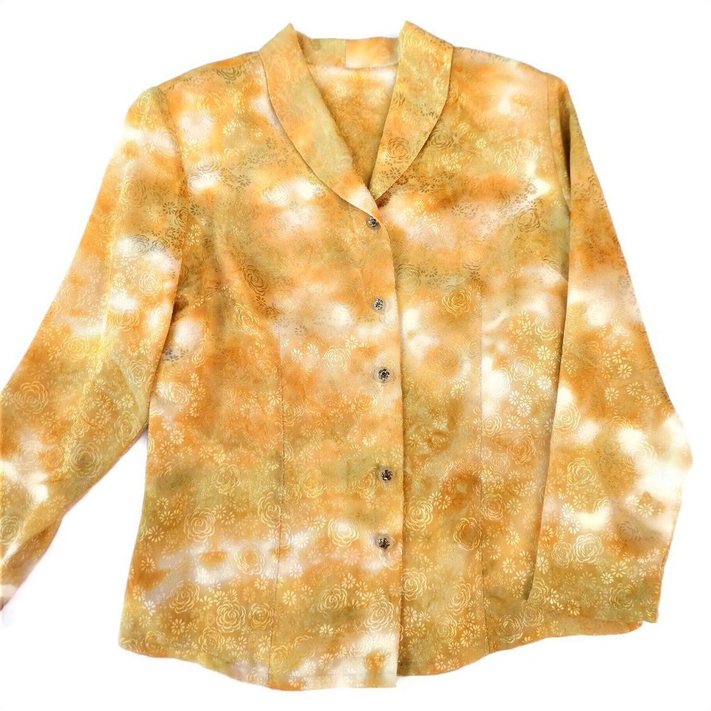 Vintage Blouse Satiny Floral Embossed Shawl Collar Princess Seams Large